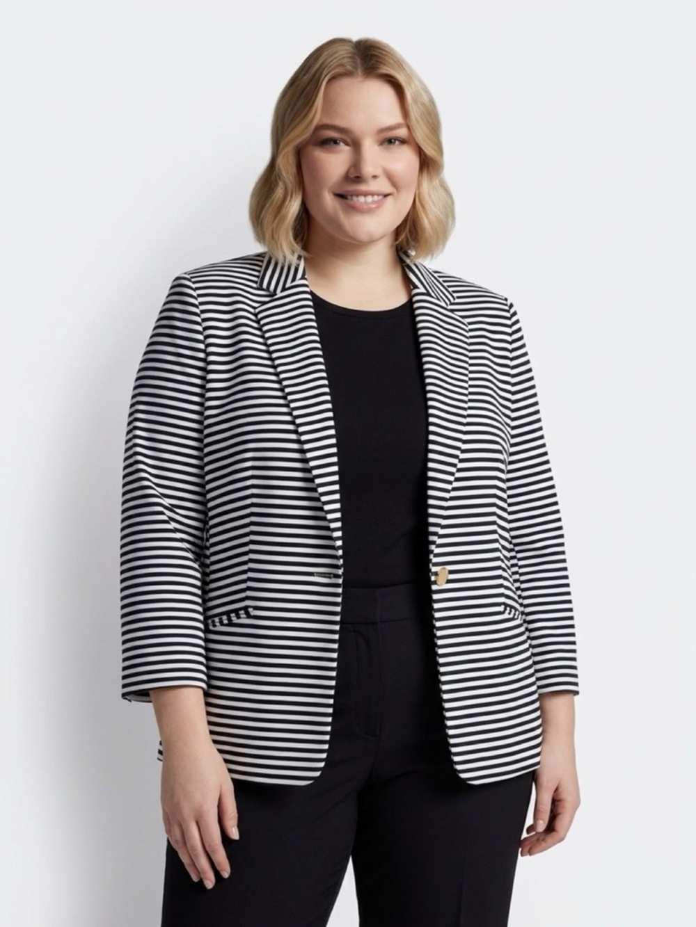 Anne Klein Black and White Striped SIngle Button Blazer